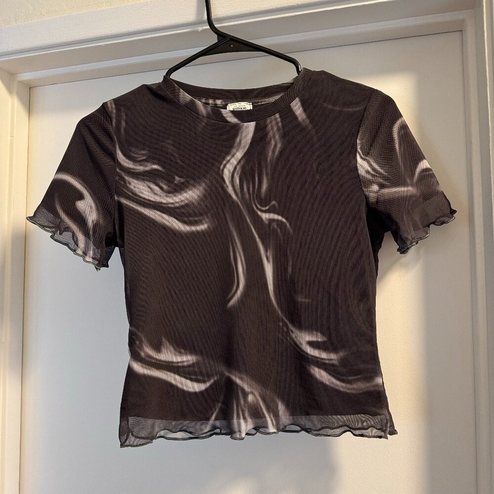 **SOLD** Pimkie Mesh Marble Smoke Print Lined Lettuce Hem Crop Top